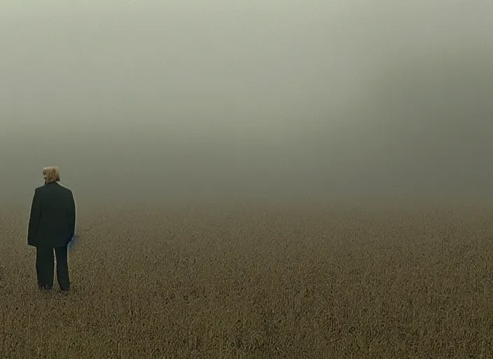 Image similar to screenshot from moody scene of Donald Trump in a foggy field entering the zone, scene from the film Stalker 1979 film directed by andrei tarkovsky, kodak film stock, anamorphic lens, 4K, film grain, detailed, stunning cinematography