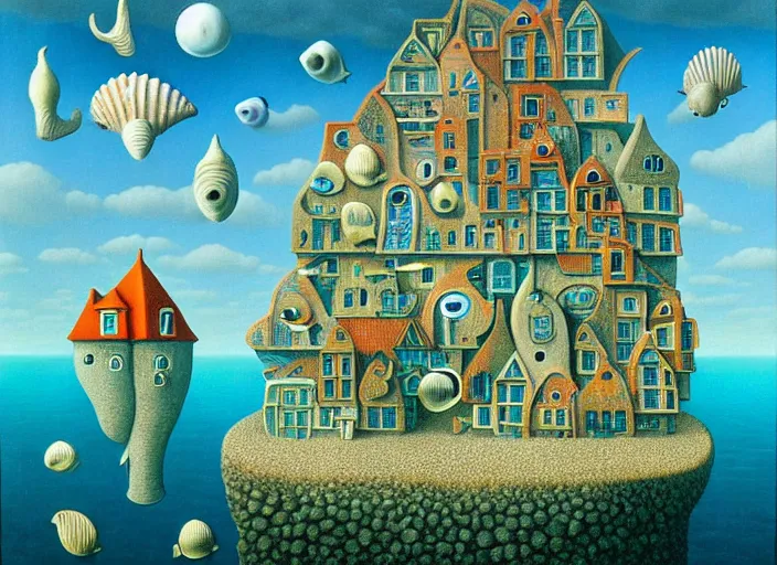 Image similar to underwater city with fish citizens inside!! the seashell, small scandinavian houses, little people!!, by jacek yerka by magritte, surrealistic painting, masterpiece, oil painting, sharp focus, highly detailed, intricate, smooth, 8 k,