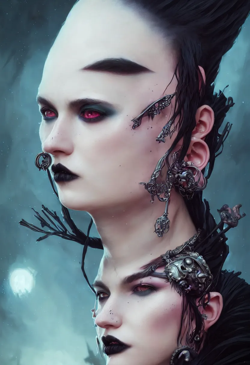 Image similar to beautiful very extreme closeup portrait, goth girl, piercings collar, mohawk hairstyle, medieval dress. witch, makeup. unreal engine, greg rutkowski, loish, rhads, beeple, tom bagshaw, alphonse mucha, global illumination, detailed and intricate environment