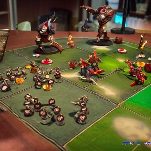 Prompt: blood bowl match in miyazaki anime, elves versus humans, intense, many casualties, dice everywhere