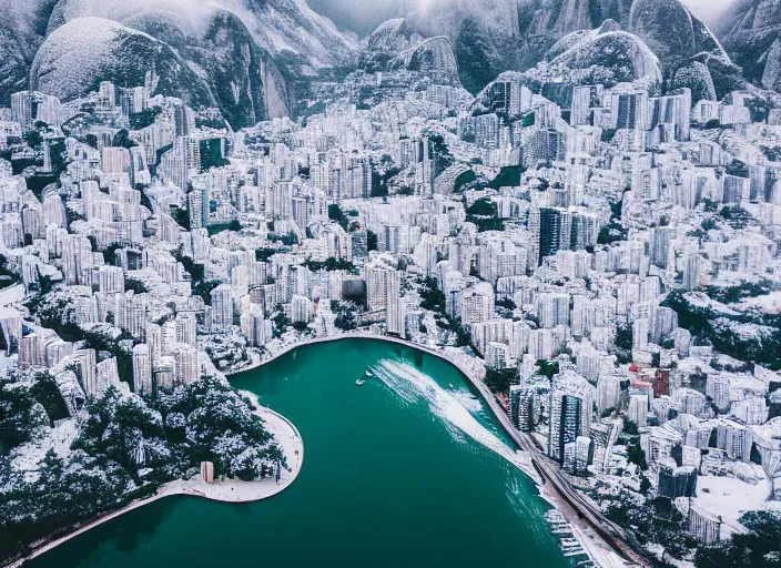 Prompt: rio de janeiro pao de acucar, city snowing with a lot of snow, photography award photo, 4 k