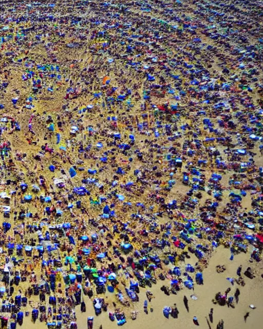 Image similar to thousands of sunbathers lie on a beach, together forming a gigantic design like an alien crop circle, photorealistic, ufos, crop circles