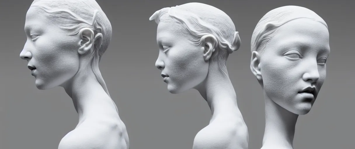 Image similar to symmetry!! full head and shoulders, beautiful female porcelain sculpture by daniel arsham and raoul marks, intricate, elegant, highly detailed, digital painting, artstation, concept art, smooth, sharp focus, all white features on a white background, delicate facial features