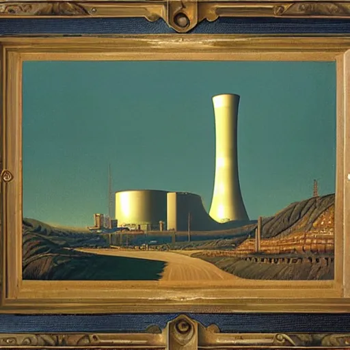 Image similar to A nuclear power plant in utopia by Simon Stålenhag and Grant Wood, oil on canvas