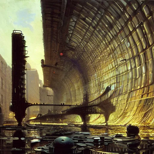 Prompt: painting of a steel scifi liminal space made of marbles, iris van hapen ornamentation, syd mead, andreas achenbach