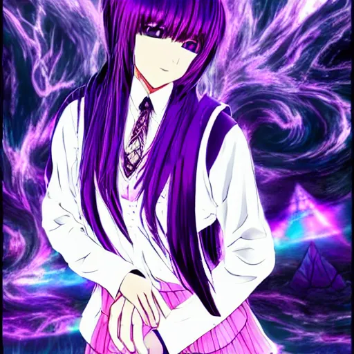 Prompt: ethereal AMV purple haired anime girl wearing a schoolgirl outfit floating in a psychedelic apocalypse in the style of Demon-Slayer Rank 1 on Pixiv