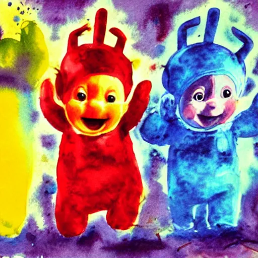 Prompt: water colour painting of teletubbies with machine guns ,