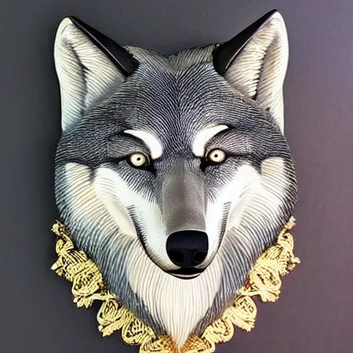 Image similar to gorgeous wolf statue portrait with gold filigree