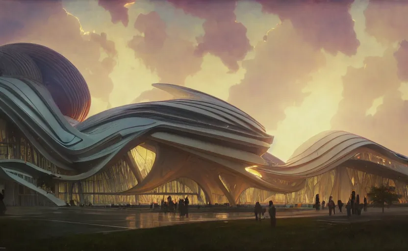 Image similar to exterior shot of utopian architecture building with cinematic lighting by zaha hadid and renzo piano, darek zabrocki and greg ruthkowski, alphonse mucha, simon stalenhag, cinematic, holy place, paradise, scifi, futurism, atmospheric, sunset, concept art, artstation, trending on artstation