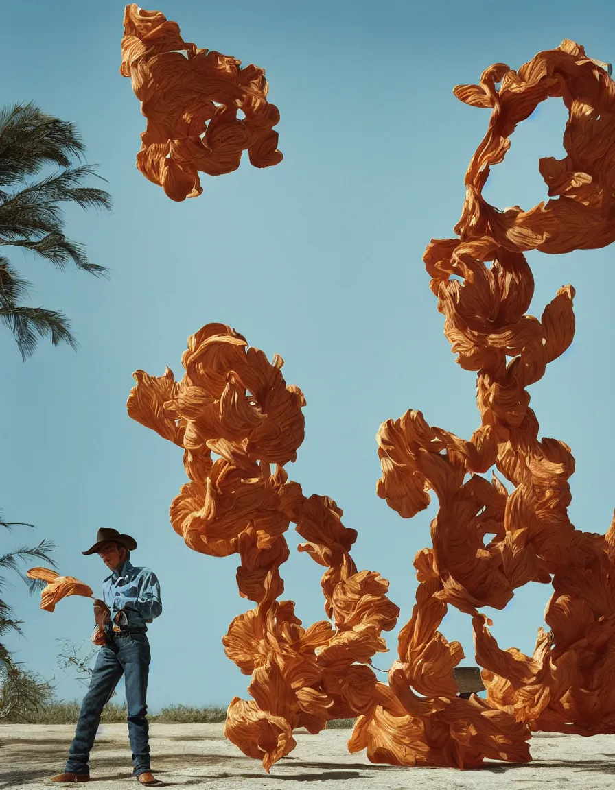 Image similar to a cowboy turning into blooms by slim aarons, by zhang kechun, by lynda benglis. tropical sea slugs, angular sharp tractor tires. complementary bold colors. warm soft volumetric dramatic light. national geographic. 8 k, rendered in octane. angular sculpture by antonio canova by gian lorenzo bernini.