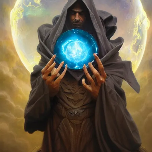 Image similar to the creator of worlds wearing a cloak and holding a holographic planet projection in his hand, detailed, sci - fi, digital painting, artstation, sharp focus, illustration, ominous, artgerm, tomasz alen kopera, peter mohrbacher, donato giancola, joseph christian leyendecker, wlop, frank frazetta