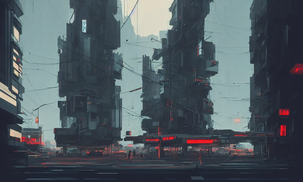 Image similar to streetscape, simple brutalist architecture, white neon lights, neon signs, flying vehicles, pedestrians, greg rutkowski, syd mead, ralph mcquarrie, concept art, matte painting, finely detailed, minimal artifacts, rule of thirds, dynamic lighting, cinematic, denoised, centered, artstation