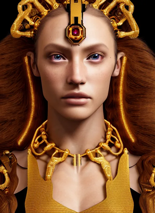 Image similar to a stunning young female cyborg made of gold, gemstones, diamonds, by pre - raphaelite brotherhood, unreal engine, glamor shot, nikon d 7 5 0, closeup, f / 2. 8, low contrast, 1 6 k, rim lighting, optical fiber, cinematic lighting, insanely detailed and intricate, hypermaximalist, elegant, ornate, hyper realistic,