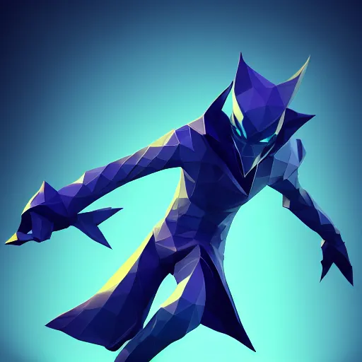 Image similar to low poly simple art of Nocturne splashart, nocturne is a dark ghost with no legs in armor and has blades on his arms, league of legends nocturne, 8k resolution, high detail, ULTRA REALISTIC VFX, reflections, post processing