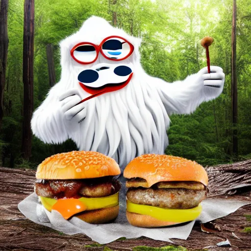 Image similar to anthropomorphic 3D yeti eating cheeseburger in forest