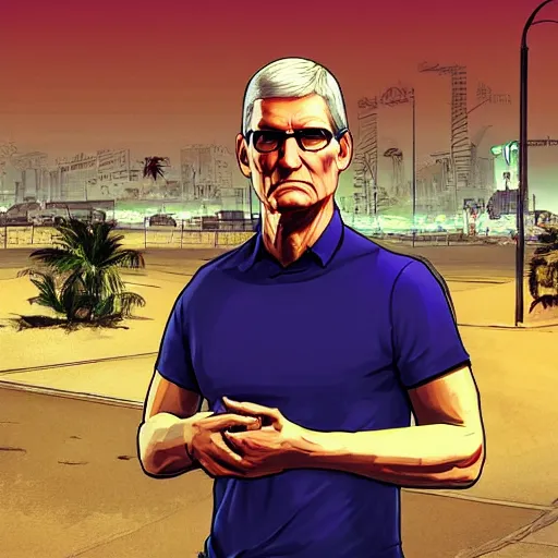 Image similar to tim cook in gta v, cover art by stephen bliss, boxart, loadscreen