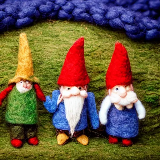 Prompt: a photography of little gnomes made out of wool on a stopmotion landscape made out of wool and yarn