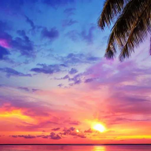 Prompt: Photo of the middle of the ocean, tiny islands made of sand and sandbars, a couple of palm trees, sunset, pink clouds, dreamy, enchanting, ultrarealistic, establishing shot