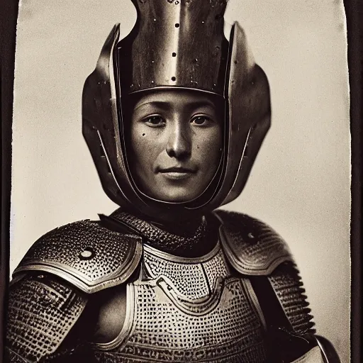 Prompt: head and shoulders portrait of a female knight, quechua!, lorica segmentata, cuirass, tonalist, symbolist, realistic, ambrotype, 3 5 mm, f 1. 4, baroque, detailed, modeled lighting, vignetting, indigo and venetian red, angular, smiling, eagle