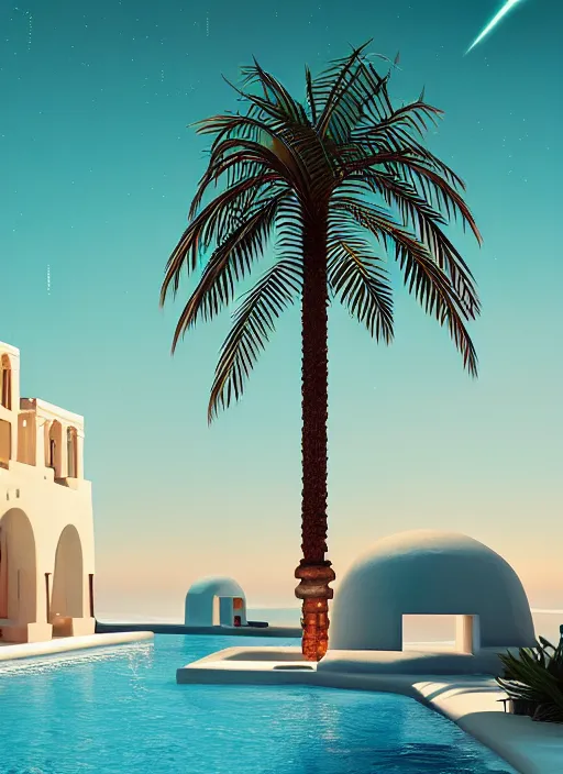 Image similar to 🌟🌜✈⛵, Art Deco, in SANTORINI island, palm trees, crystal clear neon water, starry night, Trending artstation, octane render, cgsociety, surrealist, cinematic, shadow of the tomb rider