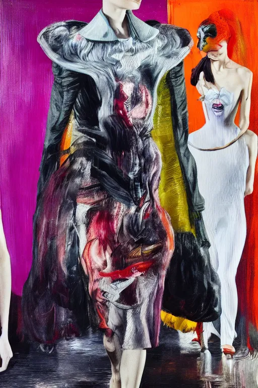 Image similar to crazy fashion catwalk, one model, crazy clothes, hauntingly surreal, highly detailed painting by francis bacon, edward hopper, adrian ghenie, gerhard richter, and james jean soft light 4 k,