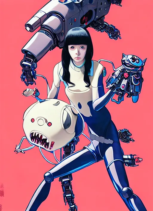 Image similar to Artwork by James Jean and Phil noto; a young Japanese future police lady named Yoshimi battles an evil natures carnivorous robot on the streets of Tokyo; Art work by Phil noto and James Jean