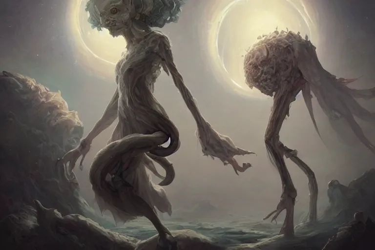 Image similar to a humanoid creature with pale white skin and a gaunt face. the creature is bald and its eyes are shining, emitting sunlight. it is wearing a black flowing cloak that looks like mist. it is crafting an landscape in the astral plane. cosmic horror. art by peter mohrbacher.