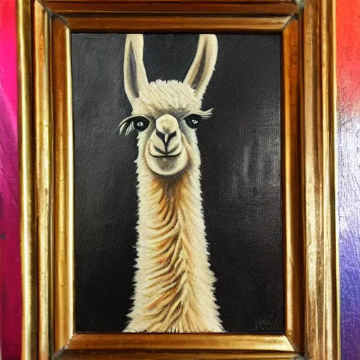 Prompt: an oil painting of a llama wearing fancy dress