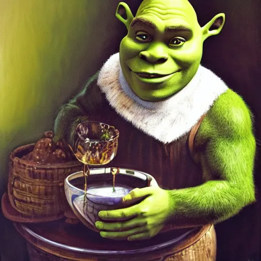 Prompt: a portrait of shrek who is half cat drinking from bowl of milk, hyper realistic, oil painting, da vinci, 8 k, green, whiskers, epic,