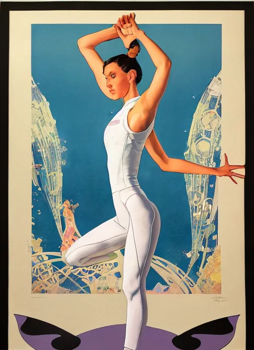 Prompt: an art nouveau copic maker poster of a girl wearing yoga clothing designed by balenciaga by john berkey and norman rockwell