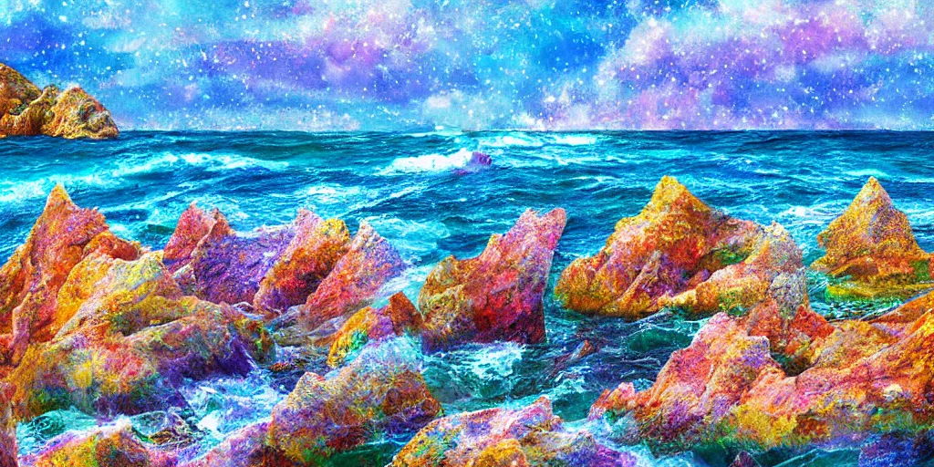 Prompt: glittering multicolored crystal cliffs, viewed from the ocean, high quality digital art,