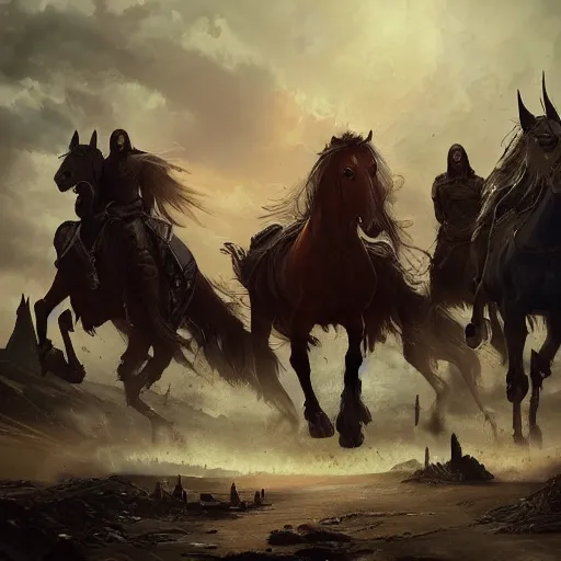 Image similar to the four riders and their horses of the apocalypse, digital Art, Greg rutkowski, Trending artstation, cinematographic, hyperrealistic