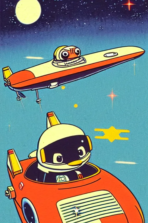 Prompt: by richard scarry. a platypus driving an x - wing. a 1 9 5 0 s retro illustration. studio ghibli. muted colors, detailed