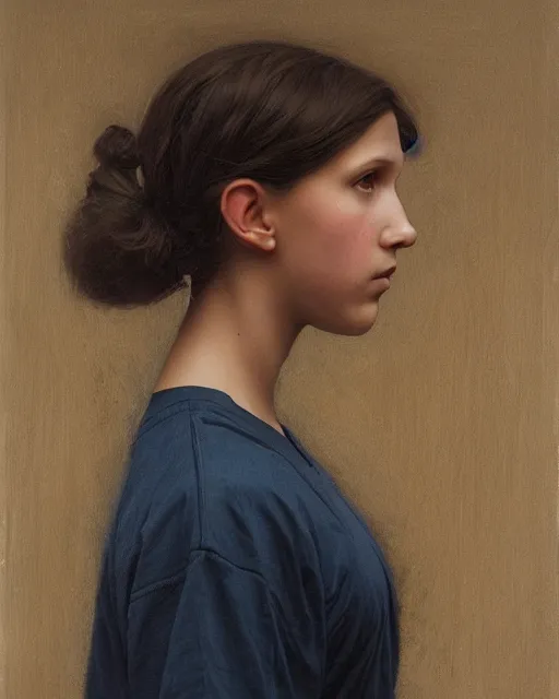 Image similar to a realistic oil painting of a girl resembling alicia vikander or millie bobby brown in an oversize t - shirt, highly detailed, intricate, artstation, by donato giancola and william adolphe bouguereau