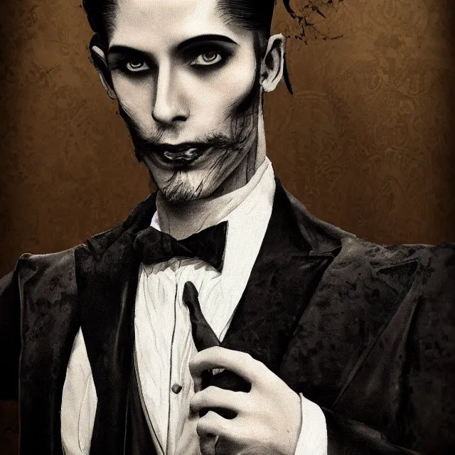 Image similar to photorealistic sepia full - head portrait of a 1 9 2 0 s era smirking male occultist, well dressed, long - tailed tuxedo coat, atmospheric lighting, dark, brooding, gothic, horror, painted, intricate, ultra detailed, well composed, best on artstation, cgsociety, epic, stunning, gorgeous, intricate detail, much wow, masterpiece