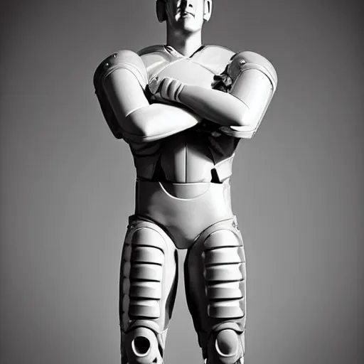 Image similar to “a realistic detailed photo of a guy who is an attractive humanoid who is half robot and half humanoid, who is a male android, football player JJ Watt, shiny skin, posing like a statue, blank stare”