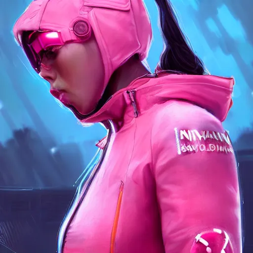 Image similar to a beautiful nord woman cyberpunk wearing detailed pink techwear jacket, by raymond swanland and jia ruan, featured on artstation