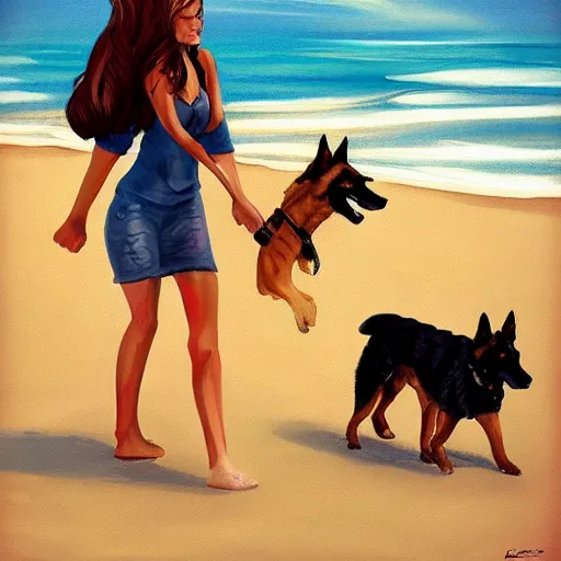 Image similar to girl riding a giant German shepherd at the beach, trending on artstation