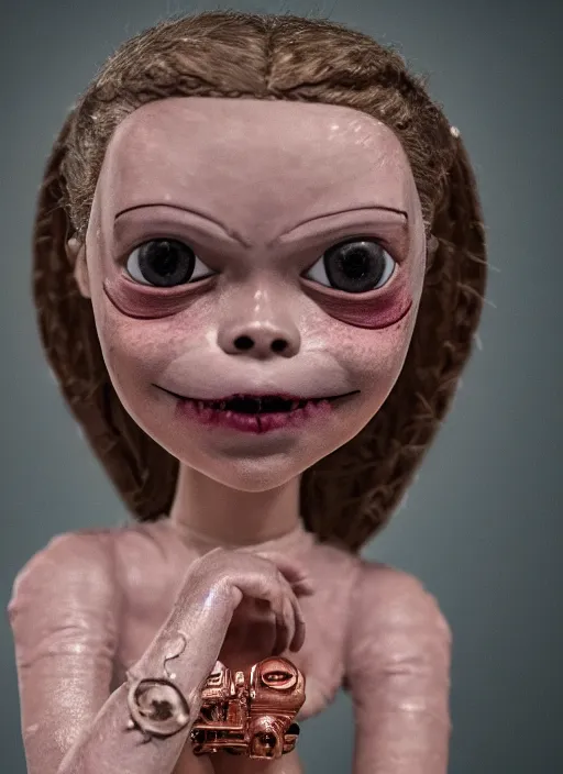 Image similar to closeup face profile portrait of tin toy greta thunberg as nosferatu, bikini, depth of field, zeiss lens, detailed, symmetrical, centered, fashion photoshoot, by nicoletta ceccoli, mark ryden, lostfish, breathtaking, 8 k resolution, extremely detailed, beautiful, establishing shot, artistic, hyperrealistic, octane render