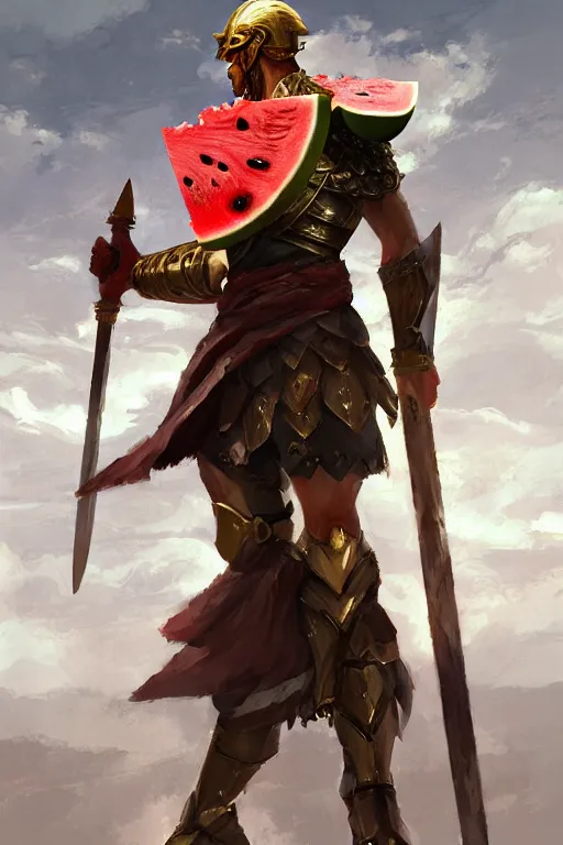 Image similar to a spartan king with a watermelon as shield, intricate, headshot, key visual, conceptart, ambient lighting, highly detailed, digital painting, artstation, concept art, sharp focus, by makoto shinkai and akihiko yoshida and greg manchess