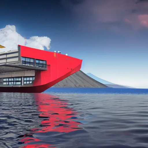 Prompt: steel structure architecture building in the middle of sea with a volcano background, red ship, blue color scheme, realistic, 8 k, artstation.