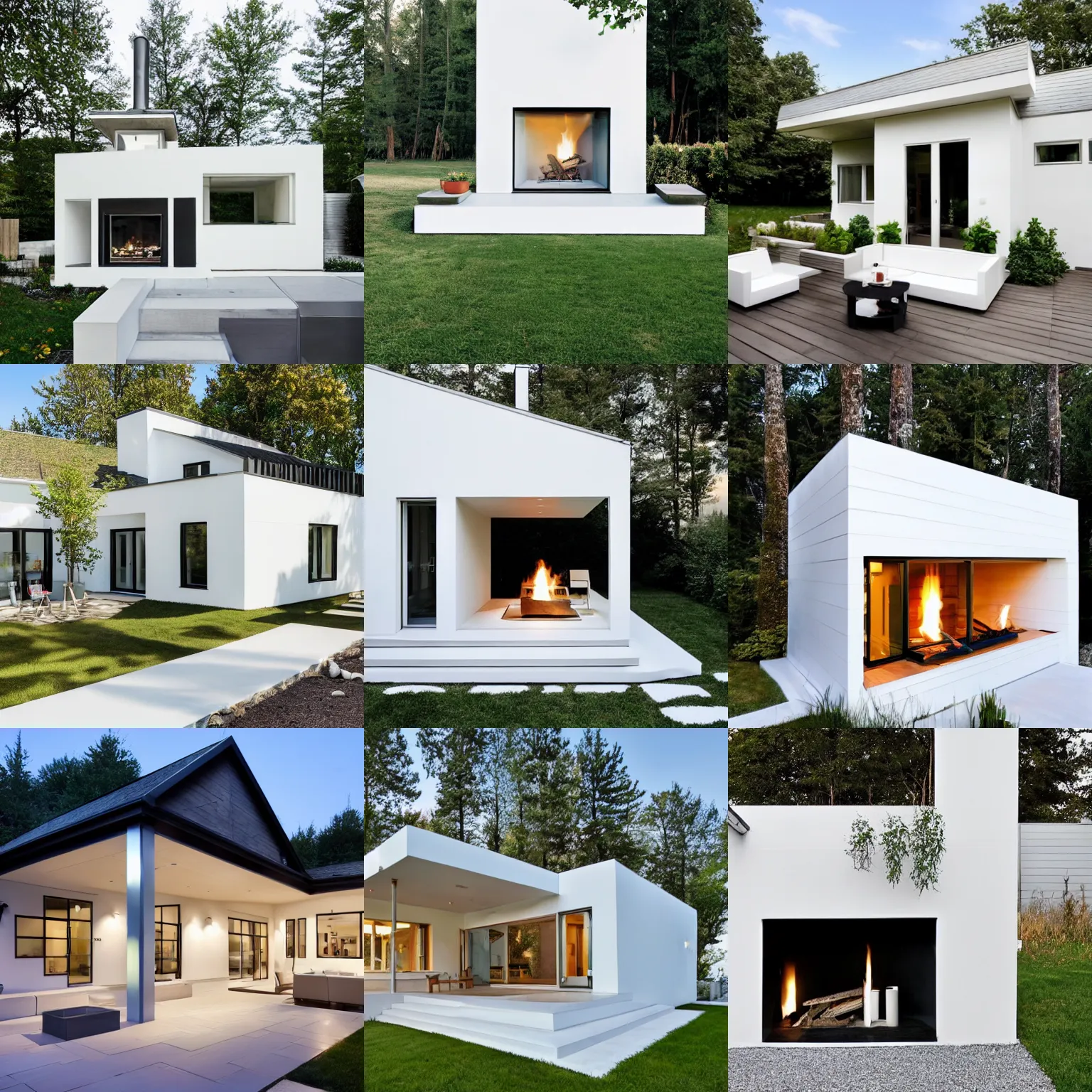 Prompt: exterior of a Modern cottage with light white paint, corner fireplace, three steps, photo