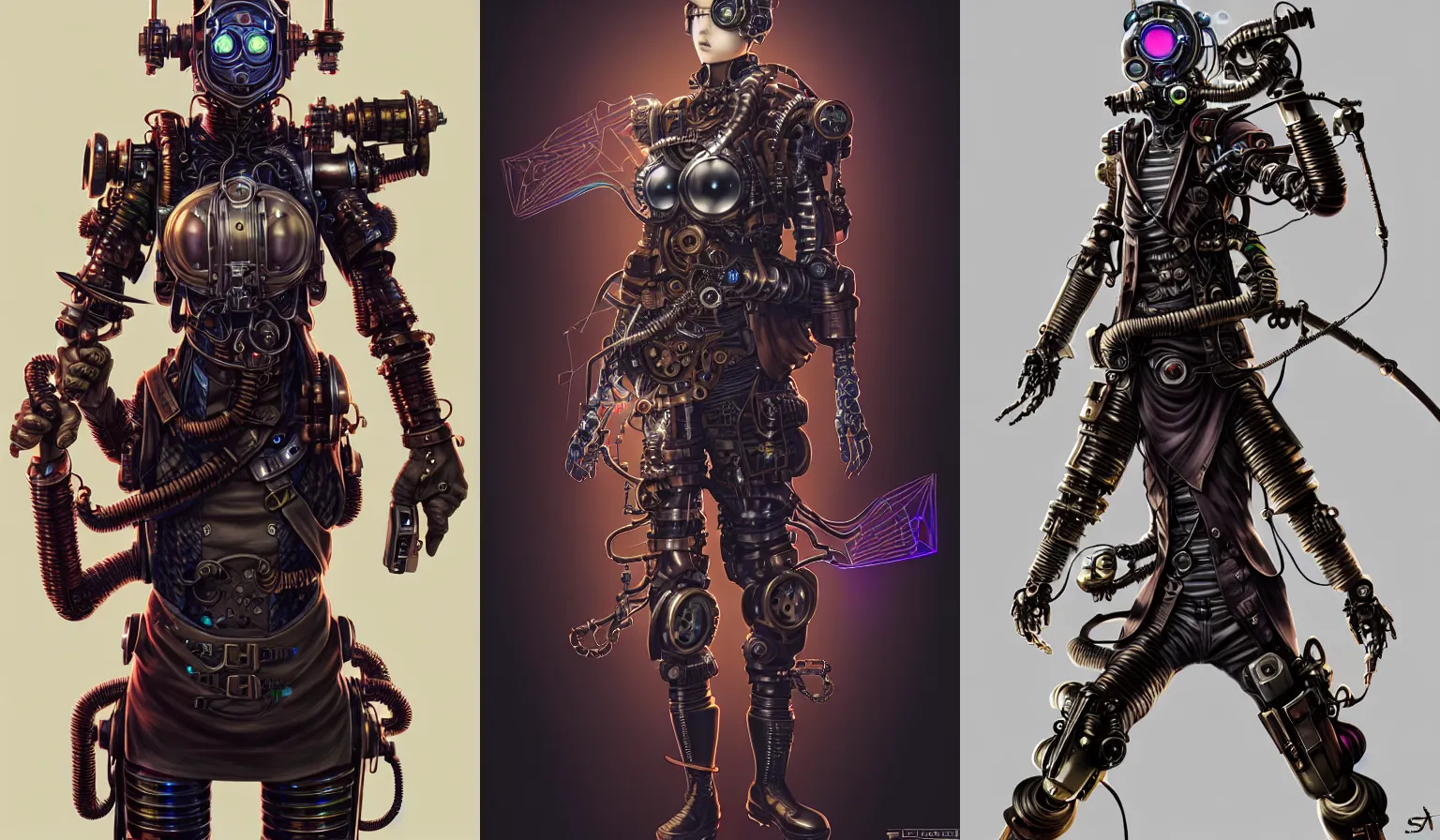 Prompt: full body Portrait of a steampunk sci-fi cyborg ninja, third person, D&D, sci-fi fantasy, intricate, hologram colors , highly detailed, art by Range Murata, highly detailed, 3d, octane render, bright colors, digital painting, trending on artstation, sharp focus, isometric illustration style of Stanley Artgerm, centered, symmetrical, full view with focus on subject