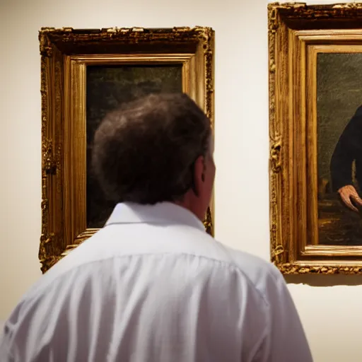 Image similar to Over the shoulder portrait of a middle-aged man staring at a painting in an art gallery. The painting he is looking at contains a person looking right back at him. Wide angle. Photorealistic. Dramatic lighting. Award winning photography. 35mm photograph.