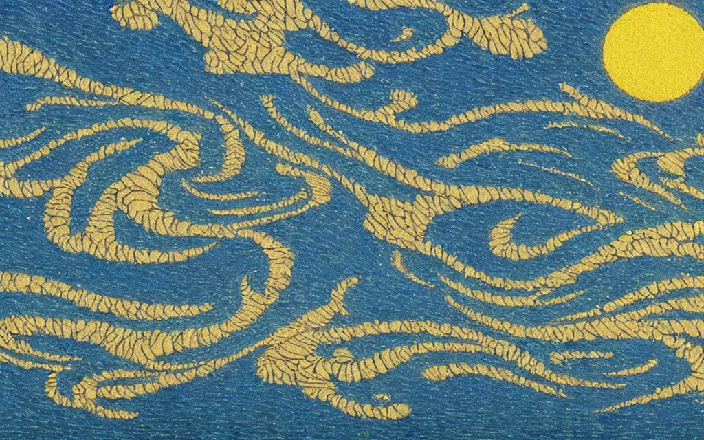 Prompt: a serene morning at the lake, fractal. japanese embroidery. retro minimalist art by jean giraud and van gogh.