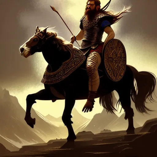 Prompt: Lionel Messi as a viking, riding a majestic horse, D&D, fantasy, intricate, elegant, highly detailed, digital painting, artstation, concept art, matte, sharp focus, illustration, art by Artgerm and Greg Rutkowski and Alphonse Mucha