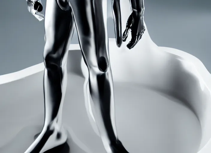 Image similar to cinematic photoshoot of clean modern hand crafted super futuristic man in milk pool pro display xpr luxury smooth color metal white silver with black leather padding well design ultrareallistic detailed high quality 8 k photorealistic ultra realistic