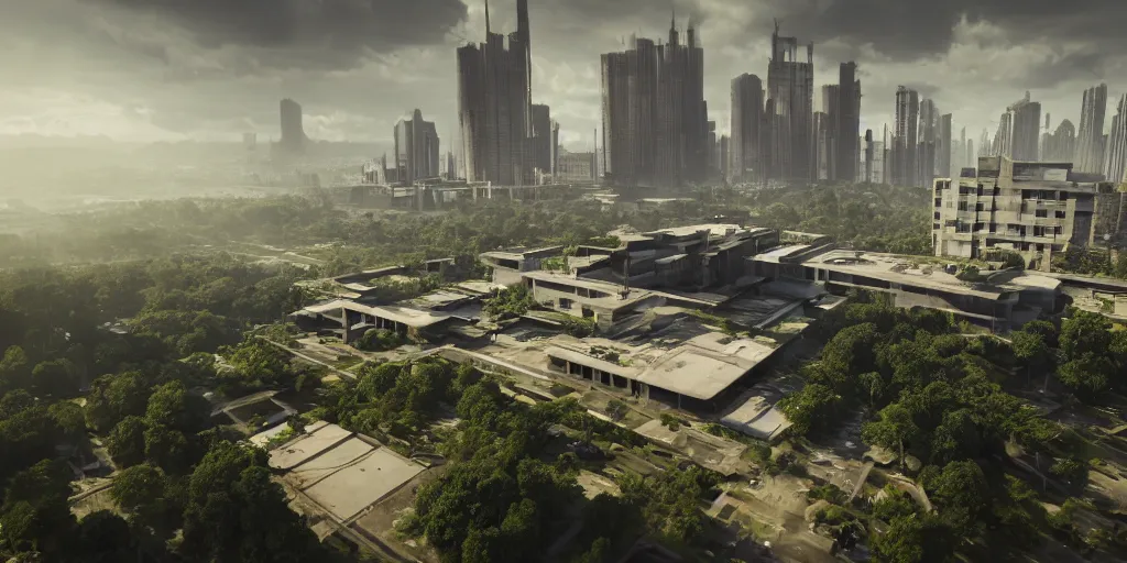 Image similar to brutalist architecture with perfect straight edges, abandoned streetscapes surrounded by lush green forest, aerial view, stunning volumetric lighting, sunset, rusted steel, smooth solid concrete, stunning skies, trending on Artstation, 8k, photorealistic, hyper detailed, unreal engine 5, IMAX quality, cinematic, epic lighting, in the style of the game DOOM, by Greg Rutkowski