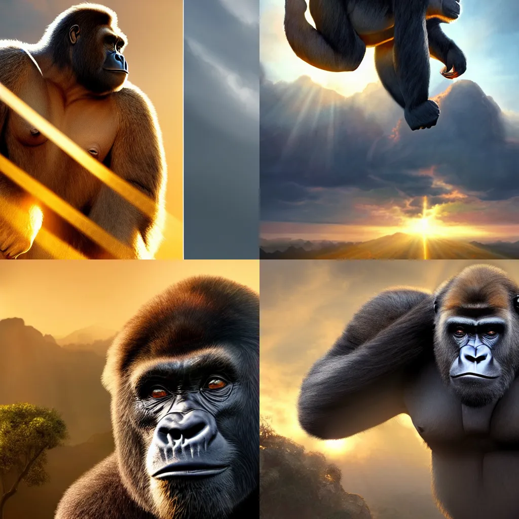 Prompt: A beautiful, perfect, impressive, amazing concept art painting of harambe amongst the cloudy heavens, golden hour, god rays, trending on ArtStation, Unreal Engine