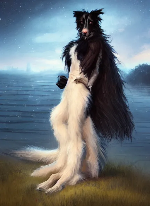 Prompt: wide angle beautiful full body portrait of a strong male anthropomorphic anthro border collie fursona wearing an evening gown by a lake at night, character design by charlie bowater, henry asencio, and ross tran, furry art, furaffinity, beautiful, glamor pose, detailed, aesthetic, trending on artstation